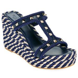 Valentino Rockstud Rope Wedge Heel Braided Espadrille Slide Sandals Shoes